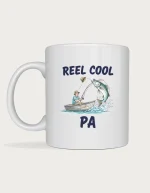 Pa mug - watercolour of pa in a tinnie as a barramundi leaps from the water, Reel Cool Pa, on a white ceramic mug