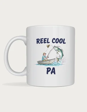 Pa mug - watercolour of pa in a tinnie as a barramundi leaps from the water, Reel Cool Pa, on a white ceramic mug
