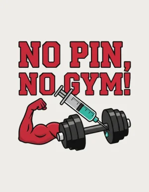 No Pin No Gym mug design showing the slogan above a syringe, dumbbell and flexed arm on a plain background