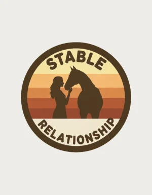 Stable Relationship retro sunset badge design with a woman and horse silhouette, shown on a plain background