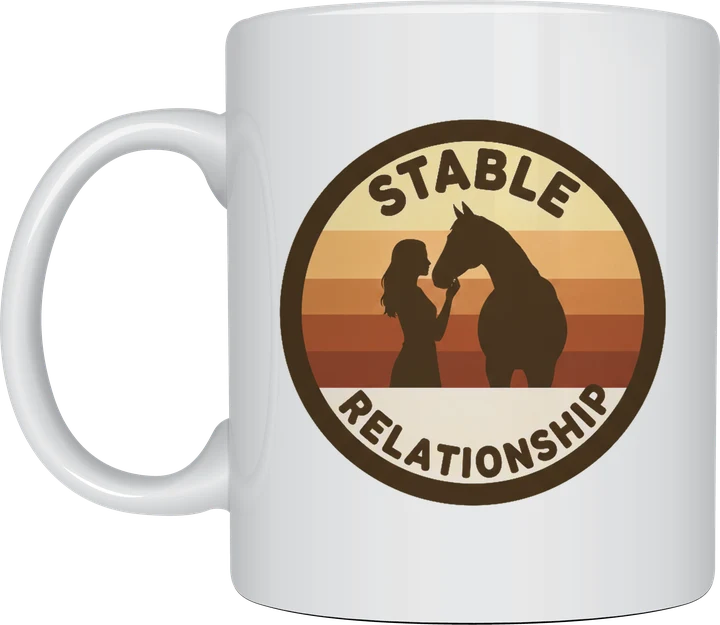 Horse lover gifts: Stable Relationship mug with a retro sunset badge of a woman and her horse on a white ceramic mug