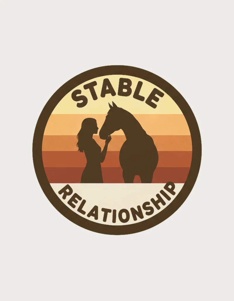 Stable Relationship retro sunset badge design with a woman and horse silhouette, shown on a plain background