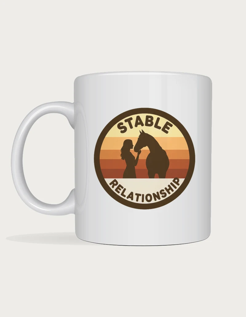 Horse lover gifts: Stable Relationship mug with a retro sunset badge of a woman and her horse on a white ceramic mug