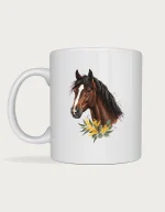 Horse gifts for women: white ceramic mug with a watercolour bay horse portrait above golden wattle and gum leaves