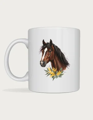 Horse gifts for women: white ceramic mug with a watercolour bay horse portrait above golden wattle and gum leaves