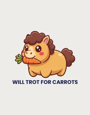 Cute chubby palomino pony with a carrot in its mouth above Will Trot For Carrots lettering, shown on a plain background