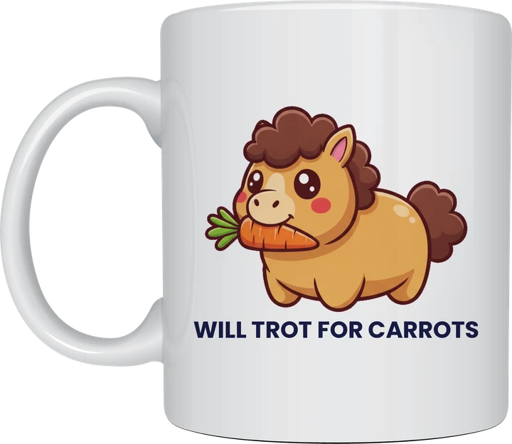 Pony mug with a chubby cartoon pony holding a carrot and the words Will Trot For Carrots on a white ceramic mug