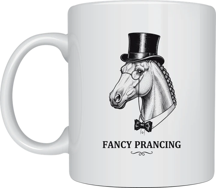 Equestrian gifts: Fancy Prancing dressage mug with a vintage engraving of a horse in a top hat, monocle and bow tie