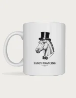 Equestrian gifts: Fancy Prancing dressage mug with a vintage engraving of a horse in a top hat, monocle and bow tie