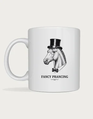 Equestrian gifts: Fancy Prancing dressage mug with a vintage engraving of a horse in a top hat, monocle and bow tie