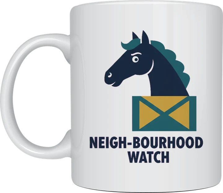 Horse themed gifts: Neigh-bourhood Watch mug with a navy horse peering over a mustard and teal stable door
