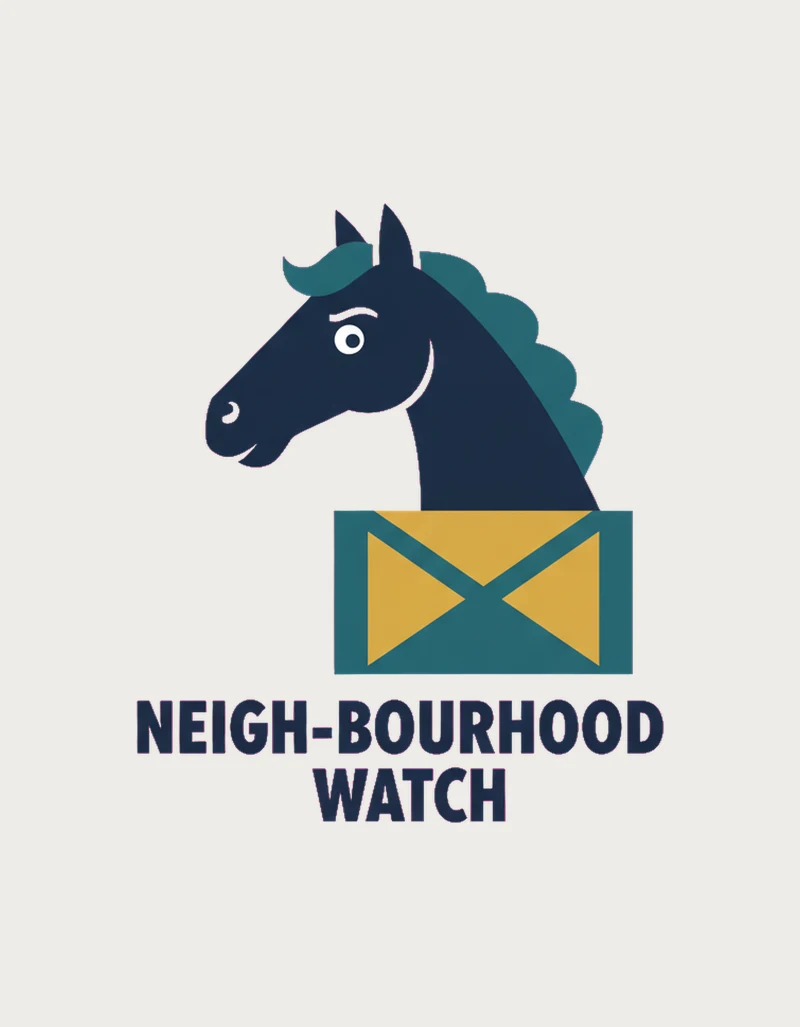 Mid-century style navy horse with a raised eyebrow looking over a stable door above Neigh-bourhood Watch lettering, on a plain background
