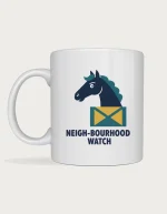 Horse themed gifts: Neigh-bourhood Watch mug with a navy horse peering over a mustard and teal stable door
