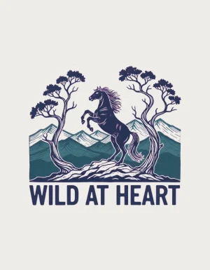 Navy and teal linocut design of a rearing brumby on a rocky ridge with snow gums and mountain ranges above Wild At Heart lettering
