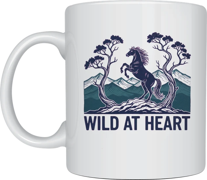 Brumby mug with a linocut style rearing brumby between snow gums and mountains above the words Wild At Heart