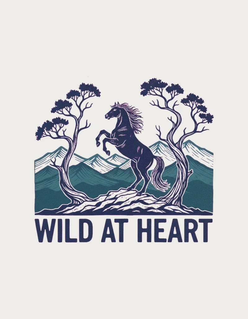 Navy and teal linocut design of a rearing brumby on a rocky ridge with snow gums and mountain ranges above Wild At Heart lettering
