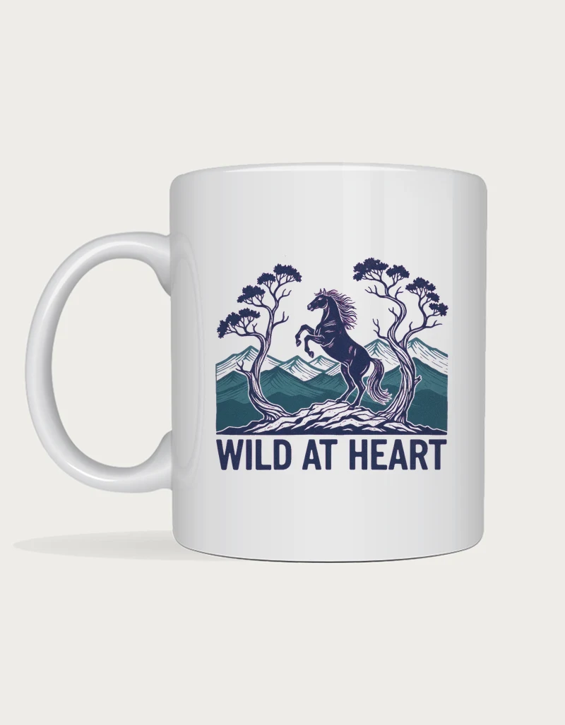 Brumby mug with a linocut style rearing brumby between snow gums and mountains above the words Wild At Heart