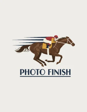 Art deco style galloping racehorse and jockey in mustard and red silks with navy speed lines above Photo Finish lettering, on a plain background