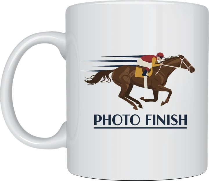 Racehorse gifts: Photo Finish horse racing mug with an art deco thoroughbred and jockey at full gallop