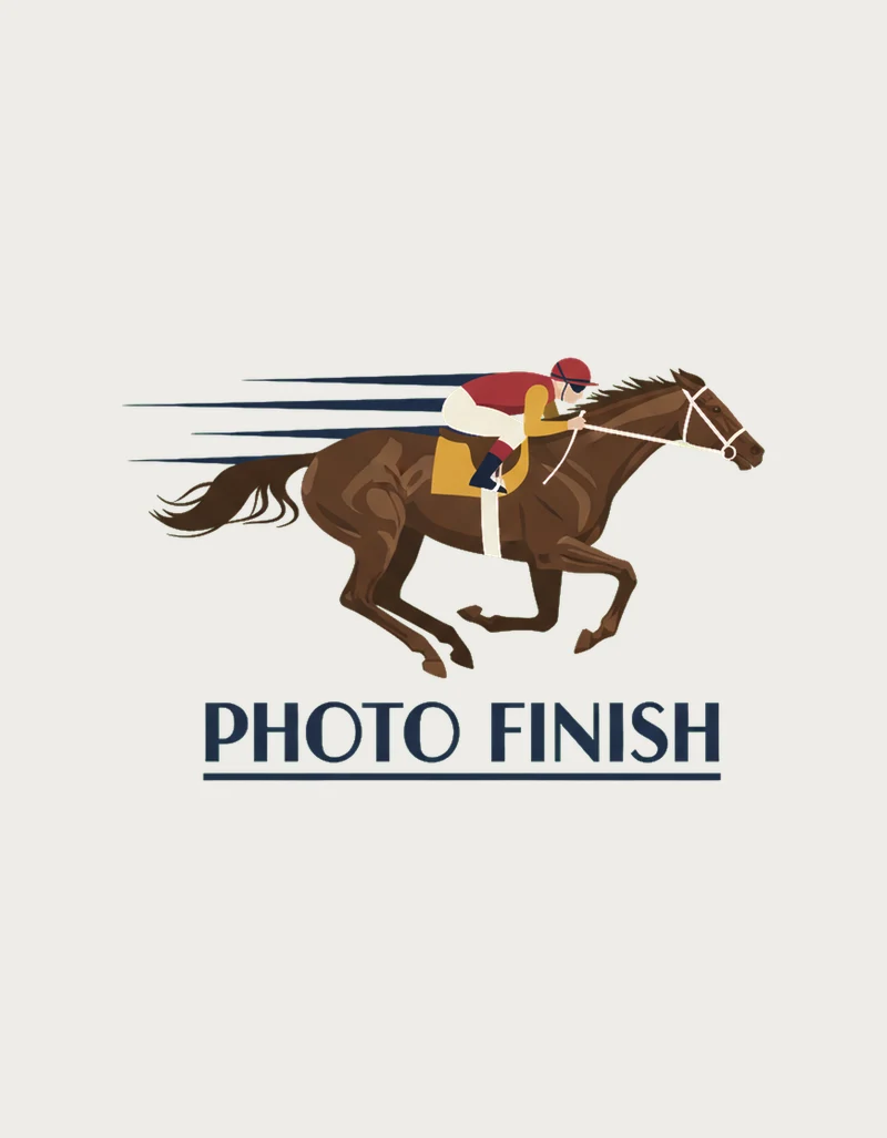 Art deco style galloping racehorse and jockey in mustard and red silks with navy speed lines above Photo Finish lettering, on a plain background