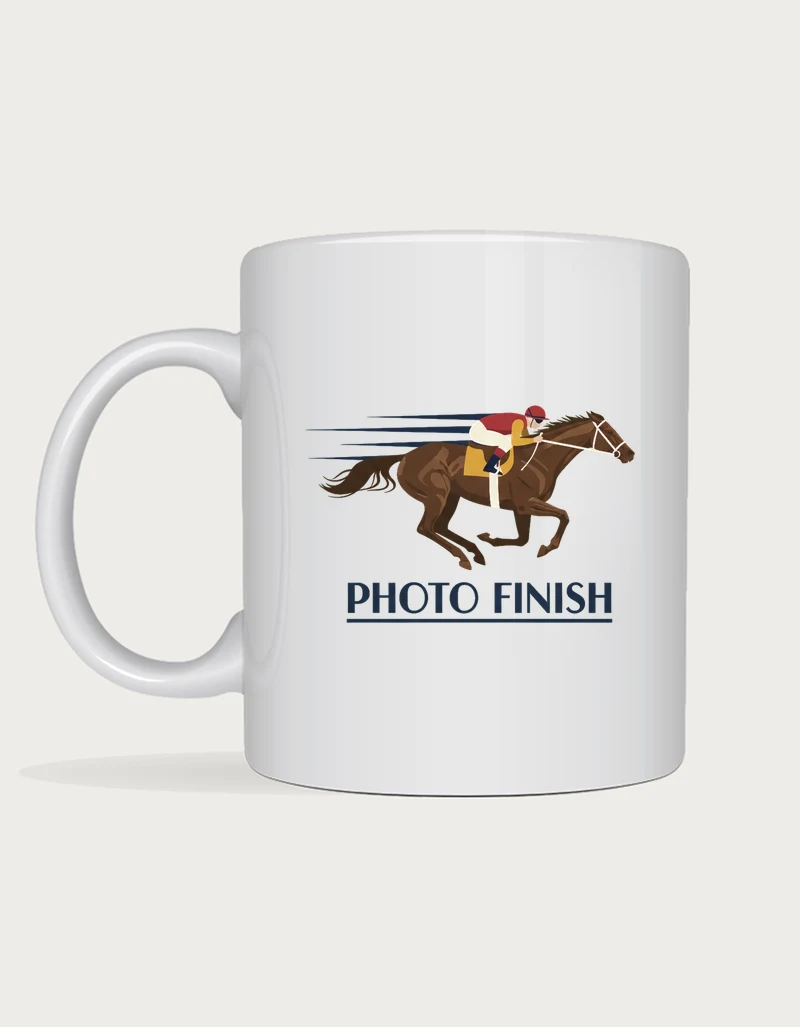 Racehorse gifts: Photo Finish horse racing mug with an art deco thoroughbred and jockey at full gallop