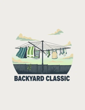 Retro illustration of a rotary clothesline with colourful washing in a backyard at dusk, above the words Backyard Classic - flat print artwork for the clothesline mug