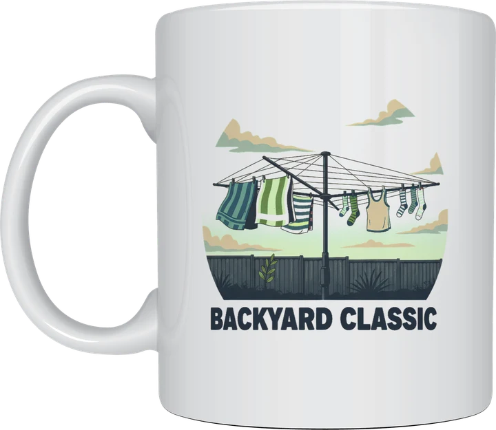 Clothesline mug: Retro illustration of a rotary clothesline with colourful washing in a backyard at dusk, above the words Backyard Classic