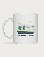 Clothesline mug: Retro illustration of a rotary clothesline with colourful washing in a backyard at dusk, above the words Backyard Classic