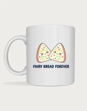 Fairy bread mug: Two cute smiling triangles of fairy bread covered in colourful sprinkles above the words Fairy Bread Forever