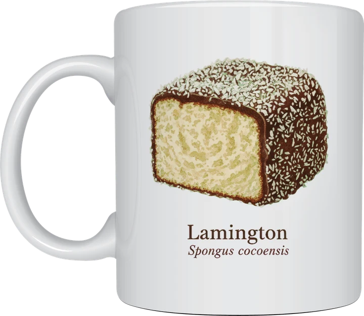 Lamington mug: Vintage natural history style illustration of a lamington with chocolate and coconut, captioned Lamington, Spongus cocoensis