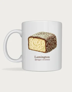 Lamington mug: Vintage natural history style illustration of a lamington with chocolate and coconut, captioned Lamington, Spongus cocoensis