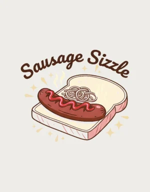 Retro diner style illustration of a sausage in white bread with onions and tomato sauce, steam and starbursts, under the words Sausage Sizzle - flat print artwork for the sausage sizzle mug