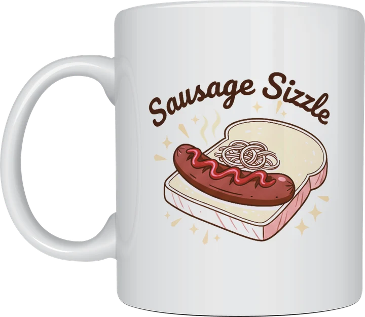 Sausage sizzle mug: Retro diner style illustration of a sausage in white bread with onions and tomato sauce, steam and starbursts, under the words Sausage Sizzle
