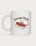 Sausage sizzle mug: Retro diner style illustration of a sausage in white bread with onions and tomato sauce, steam and starbursts, under the words Sausage Sizzle
