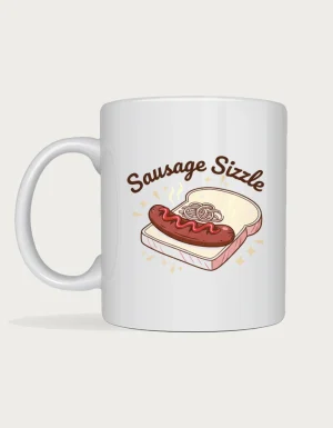 Sausage sizzle mug: Retro diner style illustration of a sausage in white bread with onions and tomato sauce, steam and starbursts, under the words Sausage Sizzle