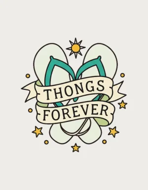 Traditional tattoo flash style pair of crossed thongs with a scroll banner reading Thongs Forever, stars and a small sun - flat print artwork for the thongs mug