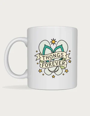 Thongs mug: Traditional tattoo flash style pair of crossed thongs with a scroll banner reading Thongs Forever, stars and a small sun