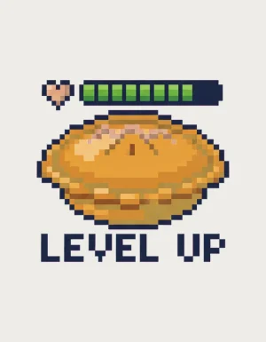 8-bit pixel art meat pie with tomato sauce, a full health bar and heart above, and the words Level Up - flat print artwork for the meat pie mug