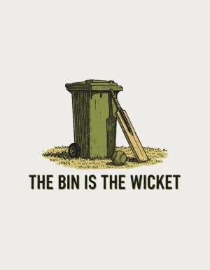 Linocut illustration of a wheelie bin used as cricket stumps on a dry lawn, with a bat and tennis ball, above the words The Bin Is the Wicket - flat print artwork for the backyard cricket mug
