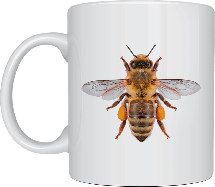 Bee mug - realistic macro photograph of a honey bee with pollen