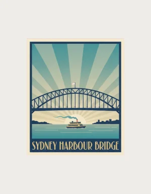 Art deco travel poster of the Sydney Harbour Bridge with a ferry below and rays of light, titled Sydney Harbour Bridge - flat print artwork for the sydney harbour bridge mug
