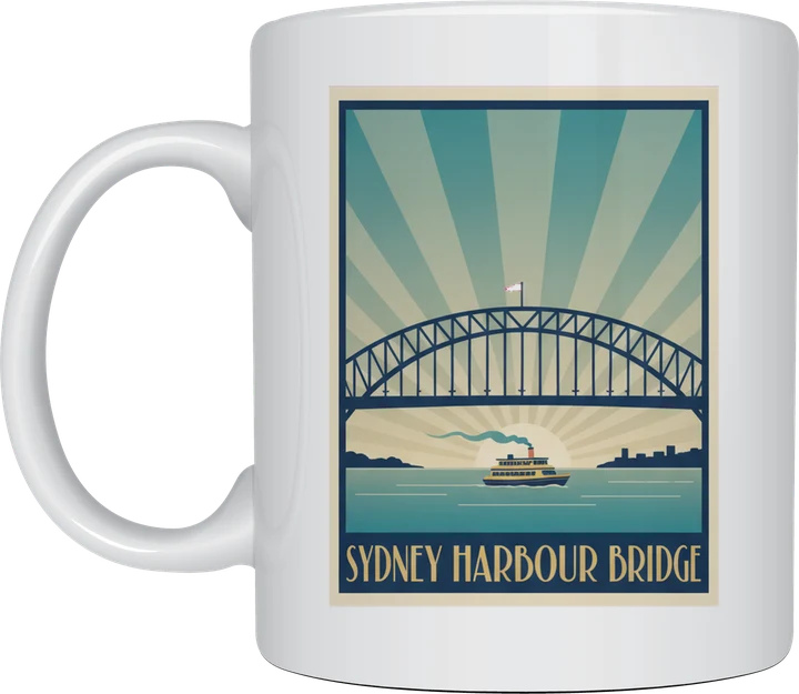 Sydney harbour bridge mug: Art deco travel poster of the Sydney Harbour Bridge with a ferry below and rays of light, titled Sydney Harbour Bridge