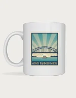 Sydney harbour bridge mug: Art deco travel poster of the Sydney Harbour Bridge with a ferry below and rays of light, titled Sydney Harbour Bridge