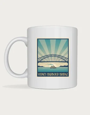 Sydney harbour bridge mug: Art deco travel poster of the Sydney Harbour Bridge with a ferry below and rays of light, titled Sydney Harbour Bridge