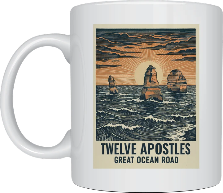 Twelve apostles mug: Linocut print of the Twelve Apostles limestone stacks at sunset with crashing waves, titled Twelve Apostles, Great Ocean Road