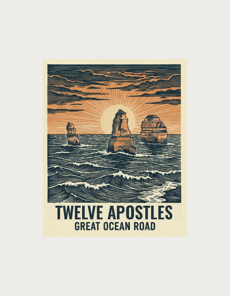Linocut print of the Twelve Apostles limestone stacks at sunset with crashing waves, titled Twelve Apostles, Great Ocean Road - flat print artwork for the twelve apostles mug