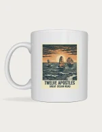 Twelve apostles mug: Linocut print of the Twelve Apostles limestone stacks at sunset with crashing waves, titled Twelve Apostles, Great Ocean Road