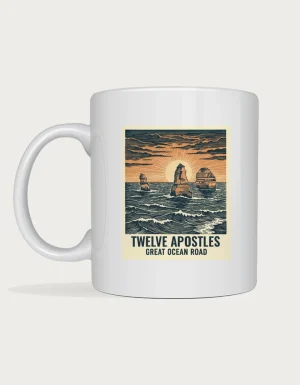 Twelve apostles mug: Linocut print of the Twelve Apostles limestone stacks at sunset with crashing waves, titled Twelve Apostles, Great Ocean Road