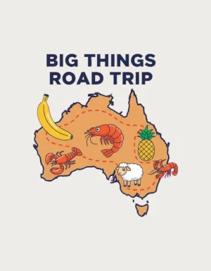 Cartoon map of Australia with giant fruit and animals including a banana, prawns, a pineapple, a sheep and a lobster, titled Big Things Road Trip - flat print artwork for the big things mug