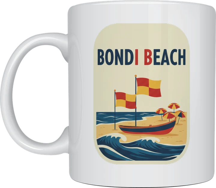 Bondi beach mug: Retro beach poster with red and yellow lifesaver flags, a surf boat, beach umbrellas and waves, titled Bondi Beach